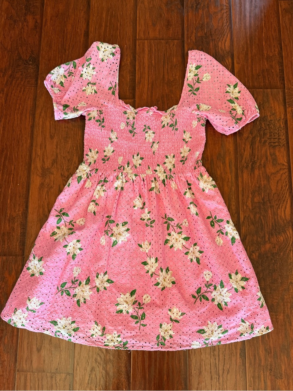 Draper James Puff Sleeve Floral Eyelet Smocked Dress